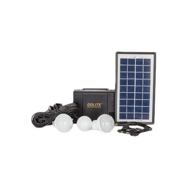 Sistem Iluminat Solar GDLite cu 3 Becuri LED, Panou Solar 6V 4Ah, Port USB, Baterie Reincarcabila