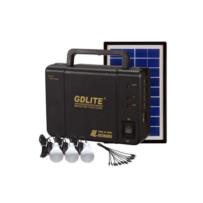 Sistem Iluminat Solar GDLite cu 3 Becuri LED, Panou Solar 6V 4Ah, Port USB, Baterie Reincarcabila