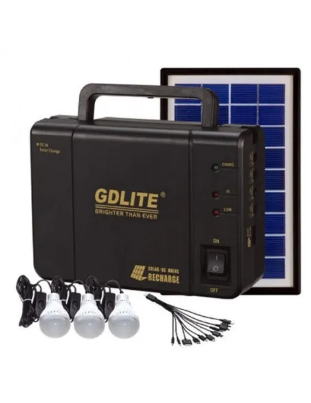 Sistem Iluminat Solar GDLite cu 3 Becuri LED, Panou Solar 6V 4Ah, Port USB, Baterie Reincarcabila