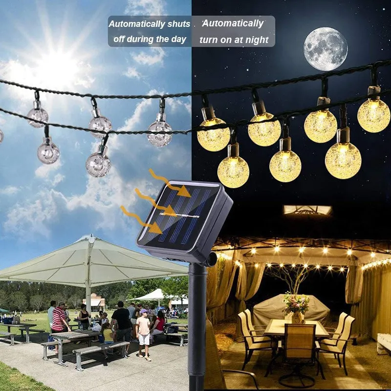 Instalatie solara bila cristal mare, 50 led-uri, Alb Cald, 6.5 m