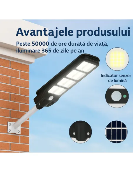 Lampa Solara Stradala 150W cu LED, Panou Policristalin, Suport si Telecomanda – IP65, Autonomie 14h