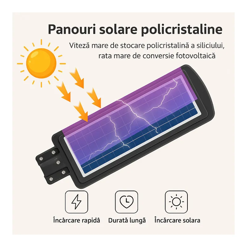Lampa Solara Stradala 150W cu LED, Panou Policristalin, Suport si Telecomanda – IP65, Autonomie 14h