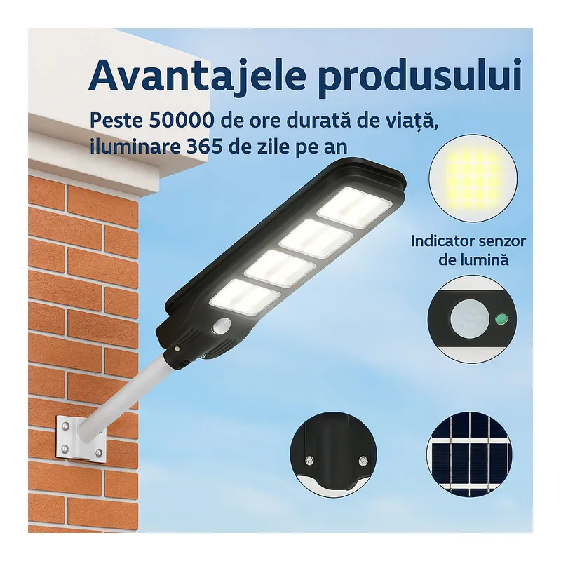 Lampa Solara Stradala 200W Jortan - Baterie 3.2V 12000mAh, Suport Metalic si Telecomanda