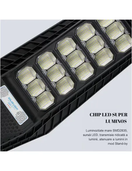 Lampă Stradală Solară Jortan LED 500W, Baterie 24000mAh, IP67, Telecomandă + Suport Metalic
