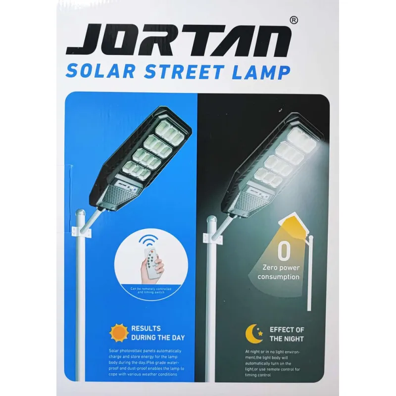 Lampă Stradală Solară Jortan LED 500W, Baterie 24000mAh, IP67, Telecomandă + Suport Metalic