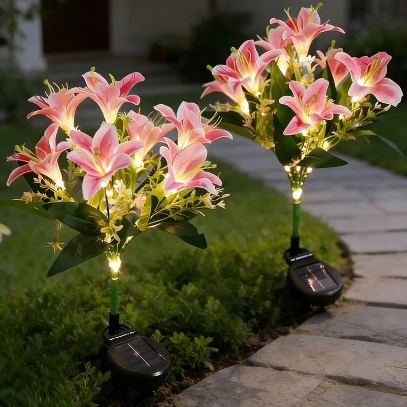Set 2 Lămpi Solare LED Crini Roz 70cm IP65 Chic Mania