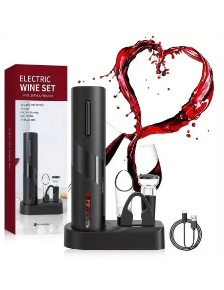 Set Deschizător de Sticle de Vin Electric Reîncărcabil USB și Tirbușon Automat, cu Accesorii Incluse
