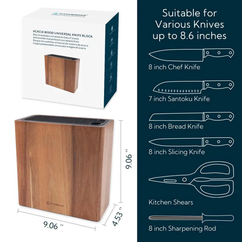 Suport de cutite din lemn Acacia, design universal cu sloturi protectoare KITCHENDAO XL