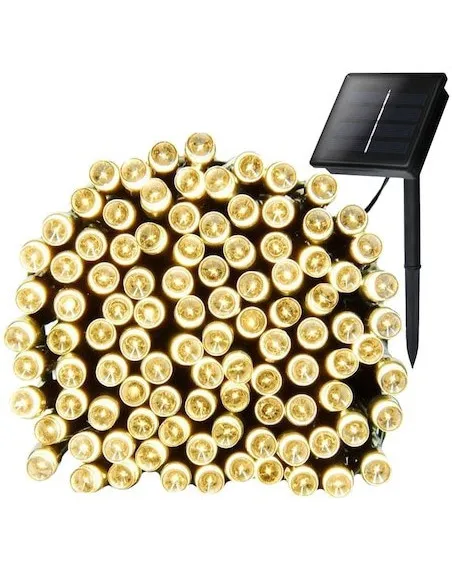 Instalatie solara decorativa, 100 LED-uri, alb cald, 12 m, 2 moduri iluminare
