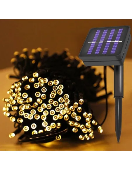 Instalatie solara decorativa, 100 LED-uri, alb cald, 12 m, 2 moduri iluminare