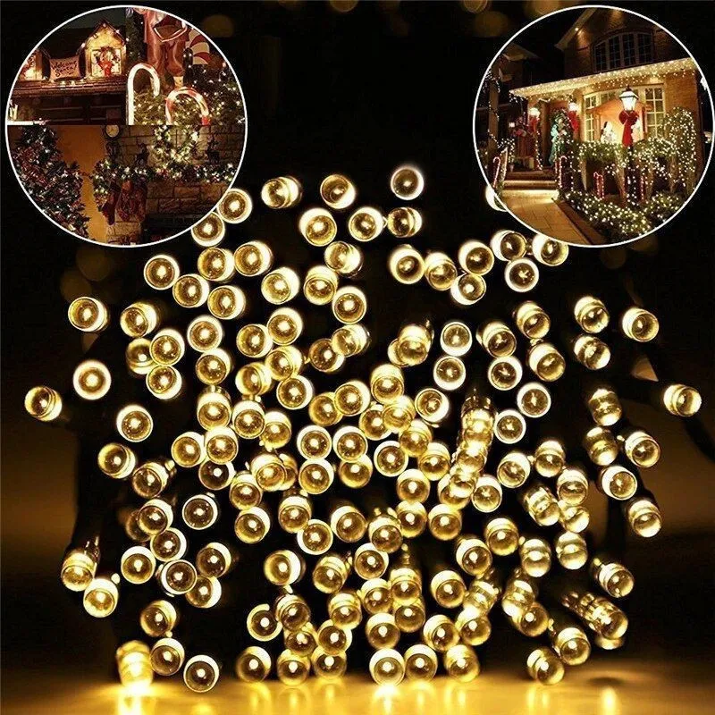 Instalatie solara decorativa, 100 LED-uri, alb cald, 12 m, 2 moduri iluminare