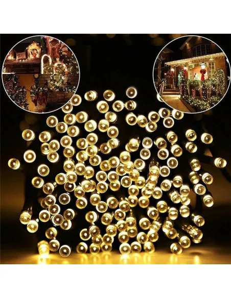Instalatie solara decorativa, 100 LED-uri, alb cald, 12 m, 2 moduri iluminare
