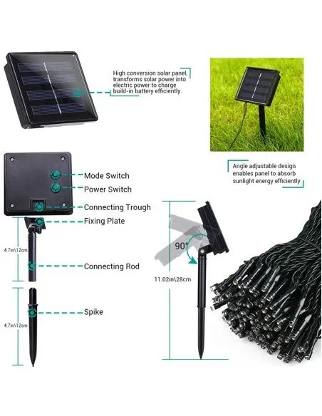 Instalatie solara decorativa, 100 LED-uri, multicolor, 12 m, 2 moduri iluminare