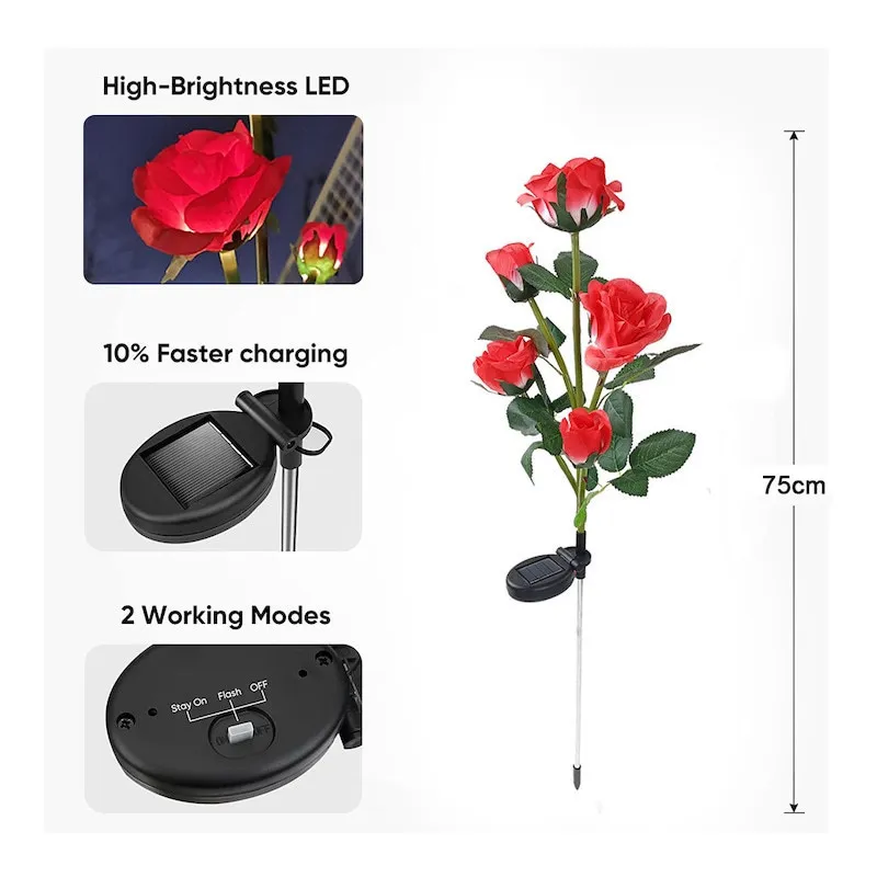 Set 2 Lămpi Solare de Grădină Anedius, Trandafiri Artificiali Decorativi, 71 cm, Roșu