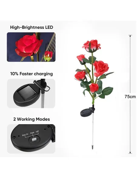 Set 2 Lămpi Solare de Grădină Anedius, Trandafiri Artificiali Decorativi, 71 cm, Roșu