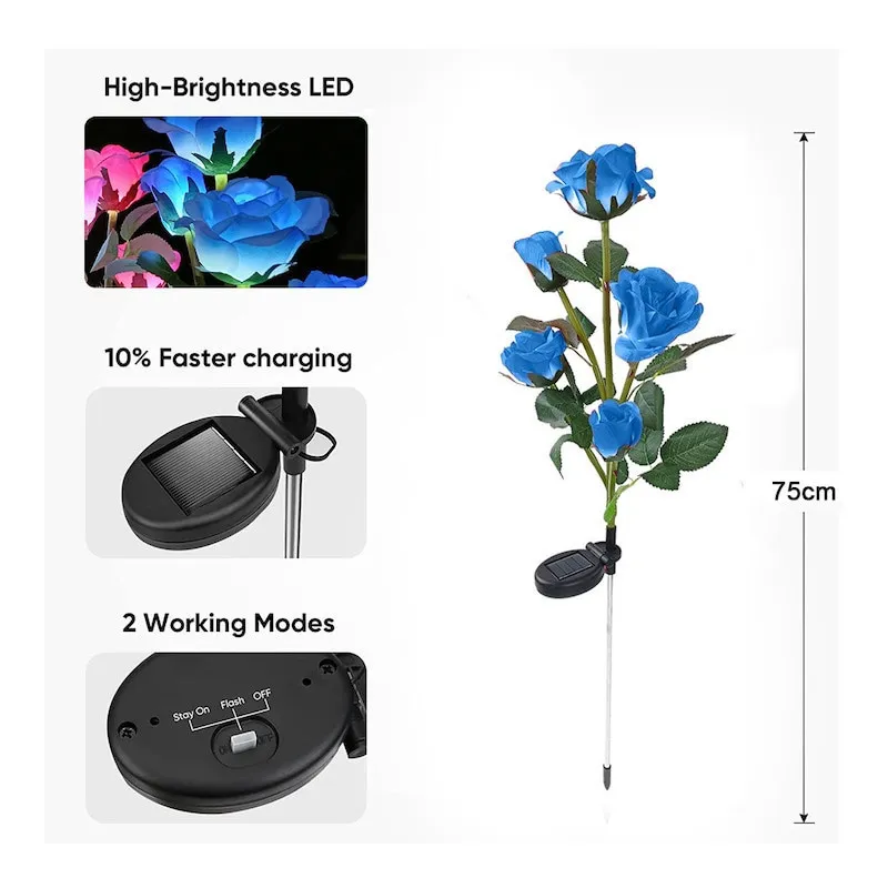 Set 2 Lămpi Solare de Grădină, Trandafiri Artificiali, 71 cm, Albastru