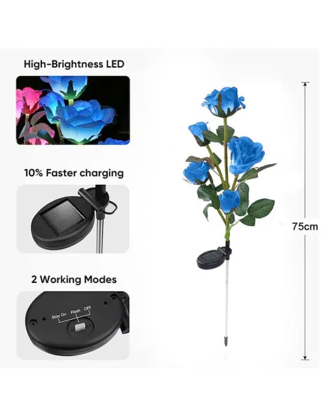 Set 2 Lămpi Solare de Grădină, Trandafiri Artificiali, 71 cm, Albastru