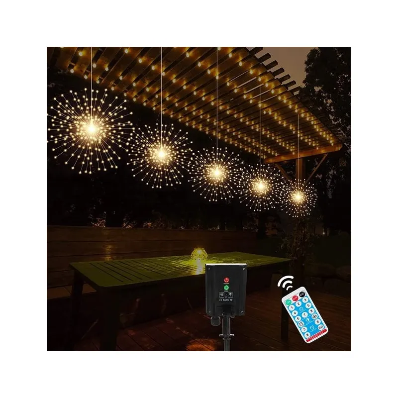 Set 5 jerbe luminoase solare , 5x 100 LED fir cupru, telecomanda ,culoare alb cald