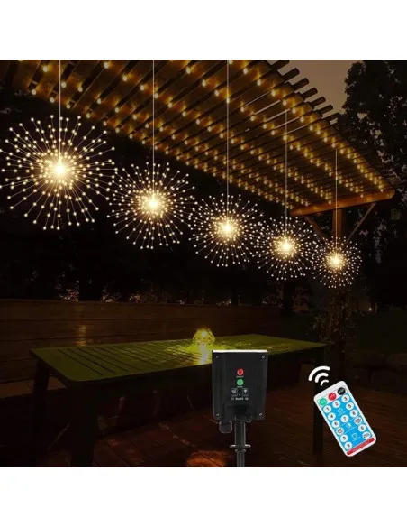 Set 5 jerbe luminoase solare , 5x 100 LED fir cupru, telecomanda ,culoare alb cald