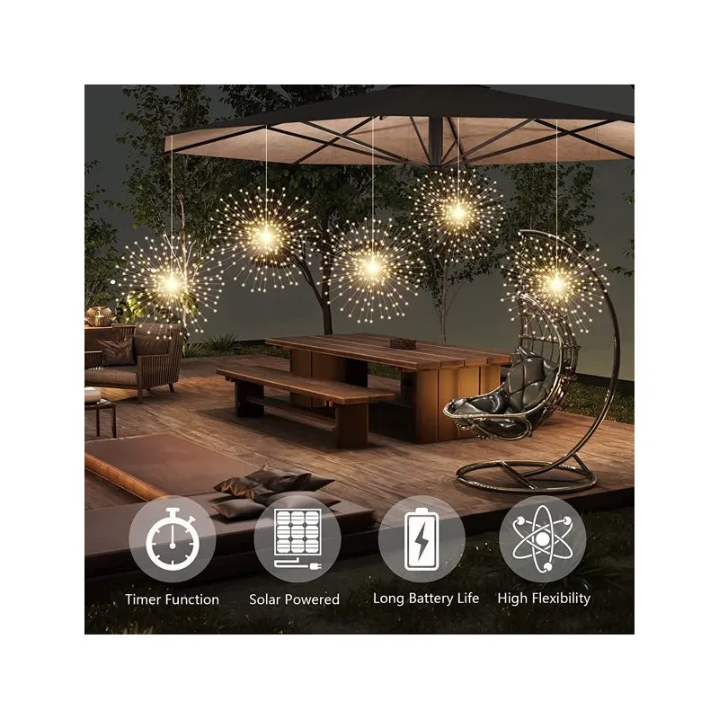 Set 5 jerbe luminoase solare , 5x 100 LED fir cupru, telecomanda ,culoare alb cald