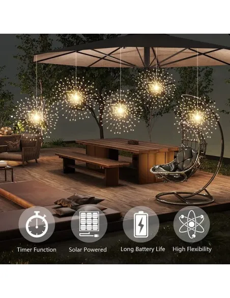 Set 5 jerbe luminoase solare , 5x 100 LED fir cupru, telecomanda ,culoare alb cald
