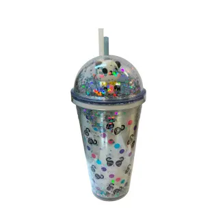 Pahar Plastic Sclipici cu Capac Bombat și Pai Reutilizabil, 450 ml, Multicolor 2
