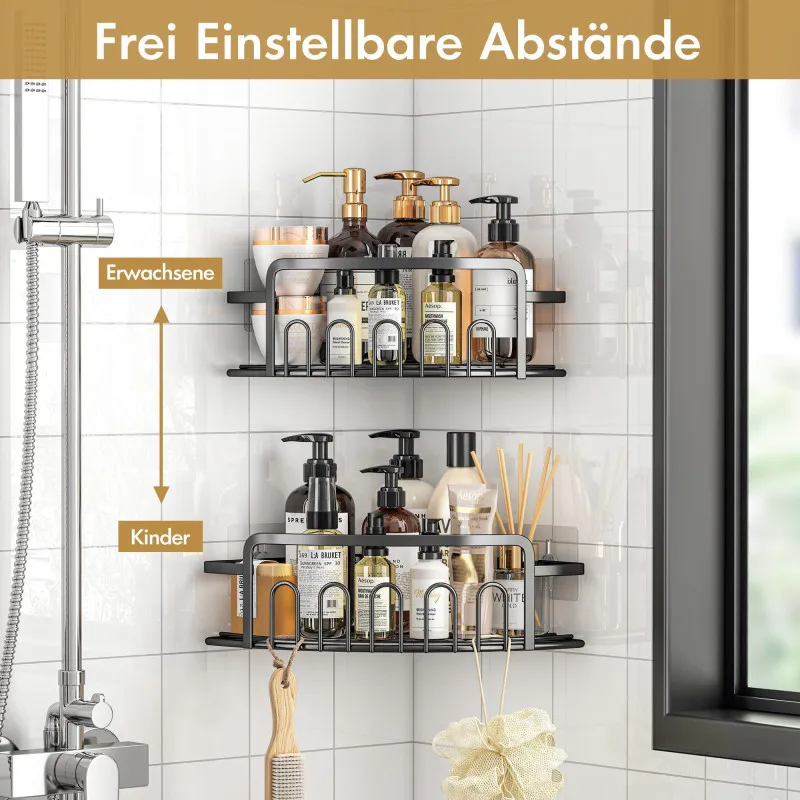 Set 2 rafturi organizatoare de colt, cu suport autoadeziv, fara gaurire, pentru baie sau bucatarie