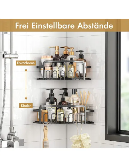 Set 2 rafturi organizatoare de colt, cu suport autoadeziv, fara gaurire, pentru baie sau bucatarie