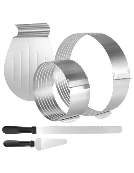 Set 5 Piese pentru Tăierea Tortului cu 2 Inele Ajustabile cu spatule si cutit – Accesoriu Patiserie