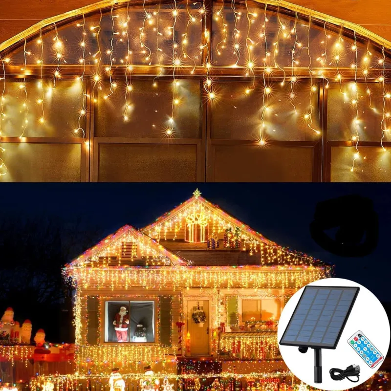 Instalatie Solara franjuri, turturi ingali, lungime12m , 300 led-uri, diverse culori