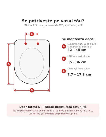 Capac WC formă D cu închidere lentă Küstenlinie, Duroplast antibacterial, 455x360 mm, flanșe reglabile 77-173 mm, alb