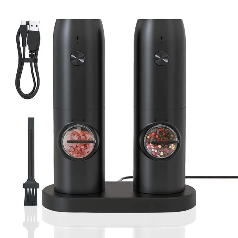 Set 2 rasnite electrice pentru sare si piper, cu baza de incarcare si cablu USB