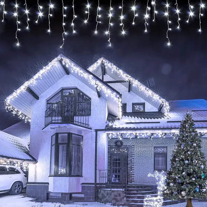Instalatie Craciun Turturi, 20 m, 500 Led-uri, 8 jocuri de lumini, Perdea, Franjuri, Exterior/Interior, Fir Alb, Interconectabil