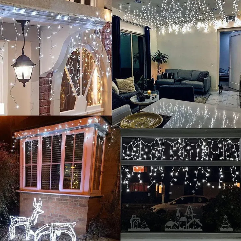 Instalatie Craciun Turturi, 20 m, 500 Led-uri, 8 jocuri de lumini, Perdea, Franjuri, Exterior/Interior, Fir Alb, Interconectabil
