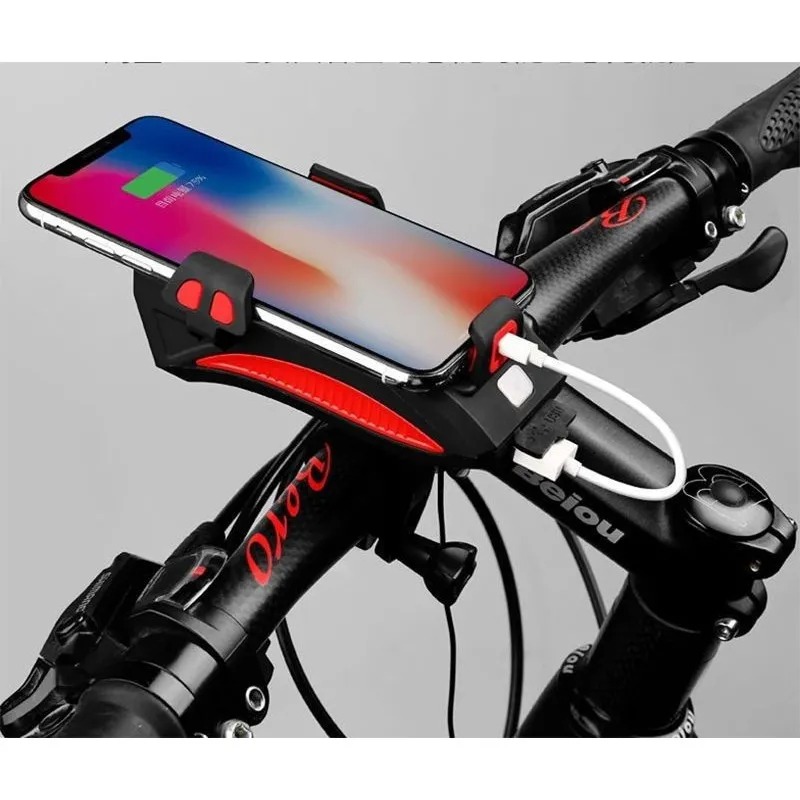 Suport de Telefon pentru Bicicletă 4-în-1 cu Lanternă, Claxon Electric și Alarmă de Securitate