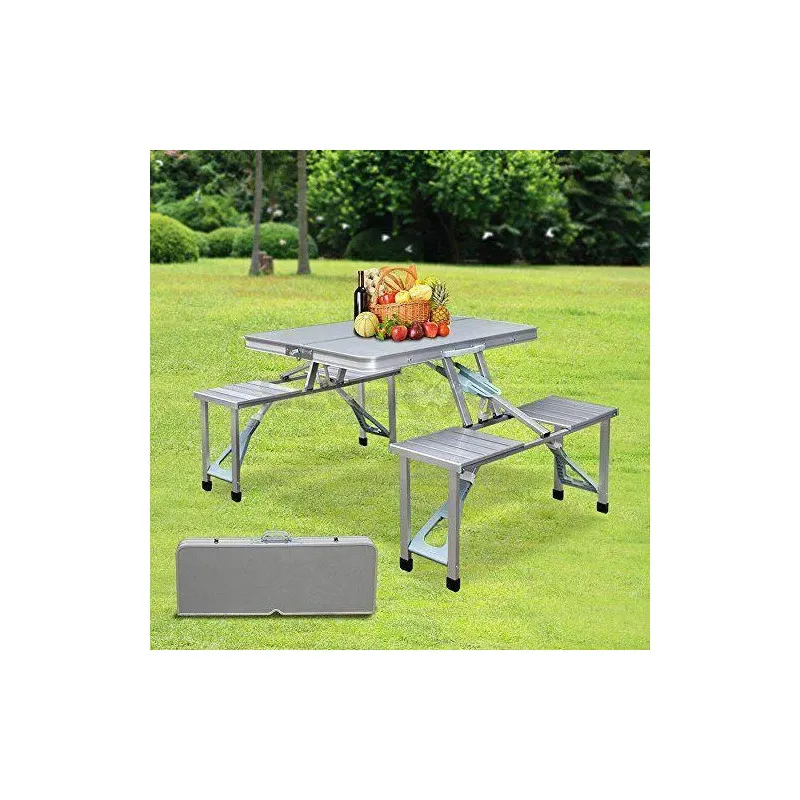 Masă pliabilă tip geamantan pentru picnic, aluminiu, set 5 piese (1 masă + 4 scaune), 84 x 66 cm