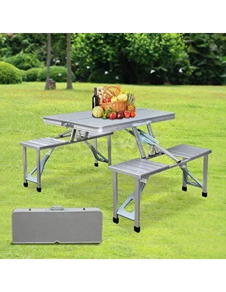 Masă pliabilă tip geamantan pentru picnic, aluminiu, set 5 piese (1 masă + 4 scaune), 84 x 66 cm