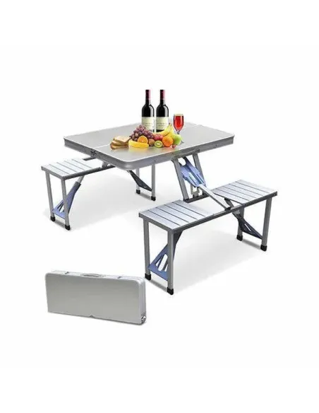Masă pliabilă tip geamantan pentru picnic, aluminiu, set 5 piese (1 masă + 4 scaune), 84 x 66 cm