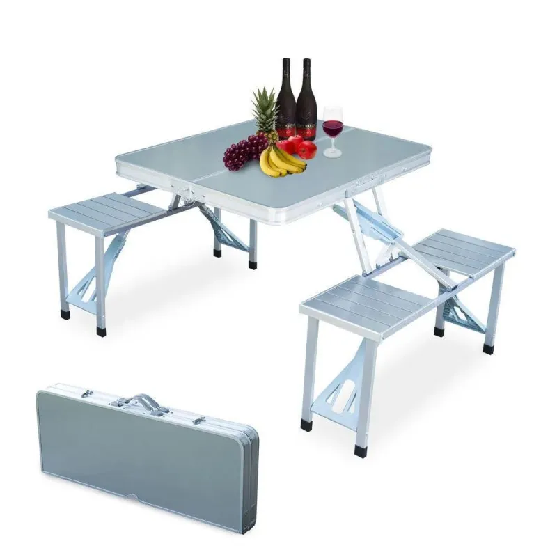 Masă pliabilă tip geamantan pentru picnic, aluminiu, set 5 piese (1 masă + 4 scaune), 84 x 66 cm