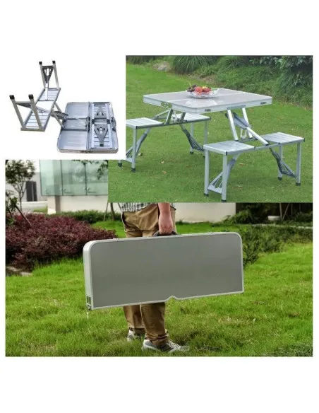 Masă pliabilă tip geamantan pentru picnic, aluminiu, set 5 piese (1 masă + 4 scaune), 84 x 66 cm