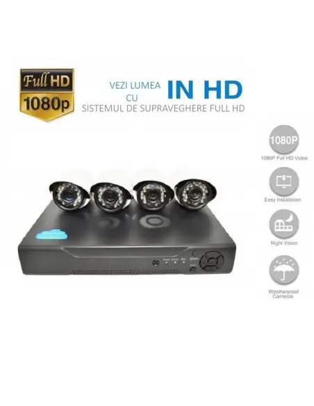 Sistem de supraveghere AHD cu 4 camere IR, de exterior/interor