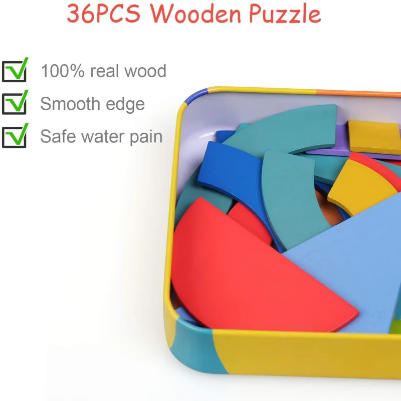 Shapes Puzzle educativ din lemn cu 36 piese din lemn si 50