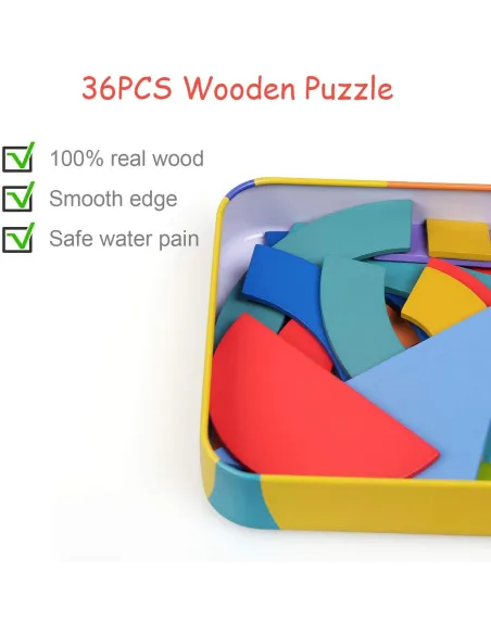 Shapes Puzzle educativ din lemn cu 36 piese din lemn si 50