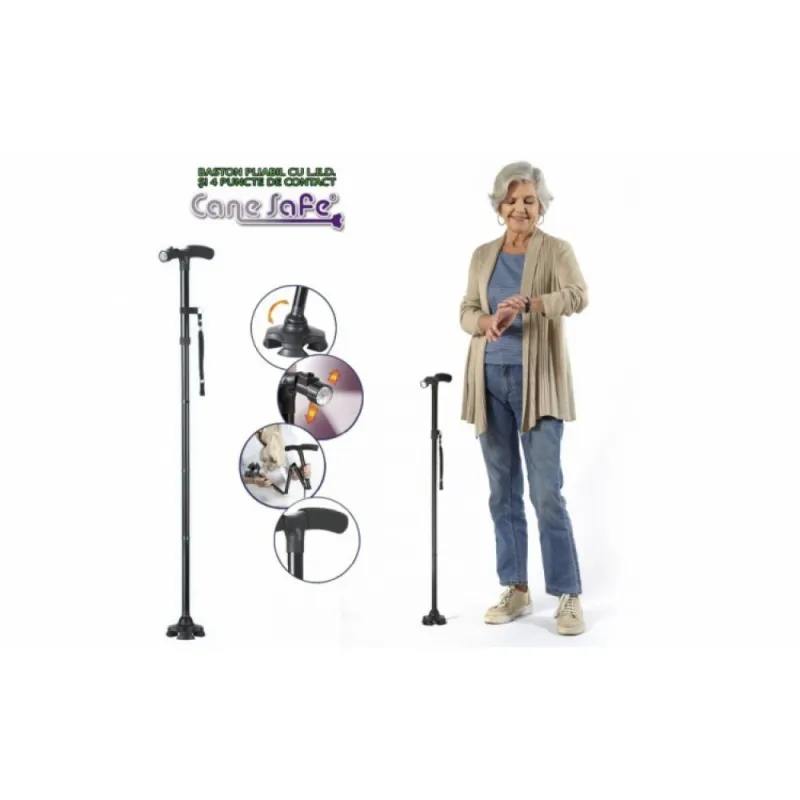 Cane Safe - Baston pliabil cu LED si 4 puncte de