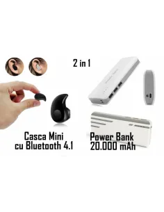 Baterie externa cu 3 USB si casca bluetooth mini, invizibila