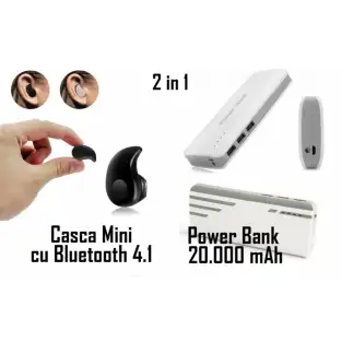 Baterie externa cu 3 USB si casca bluetooth mini, invizibila