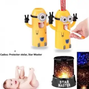 Dozator Minions pasta de dinti + suport periuta minion + Cadou: Lampa de veghe Star Master
