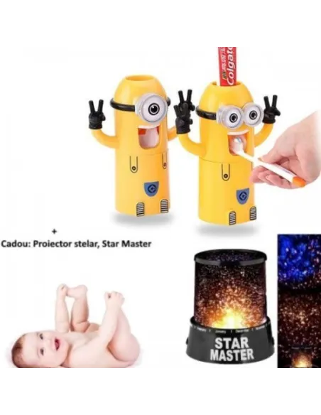 Dozator Minions pasta de dinti + suport periuta minion + Cadou: Lampa de veghe Star Master