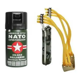 Spray Nato lacrimogen cu piper si gaz CS + Prastie puternica de mare viteza