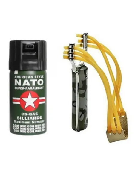 Spray Nato lacrimogen cu piper si gaz CS + Prastie puternica de mare viteza